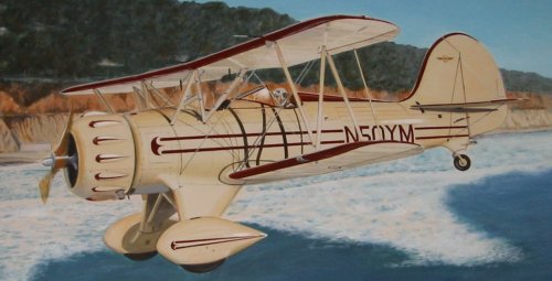 Waco open cockpit biplane over the surf