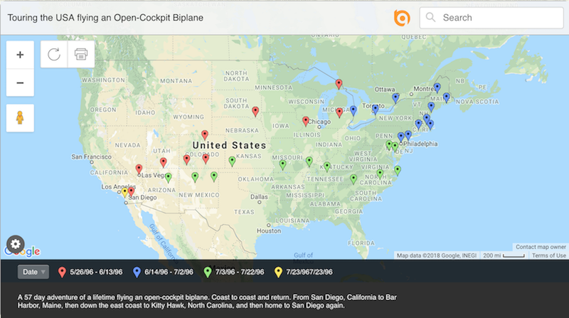 Map of the USA biplane tour route